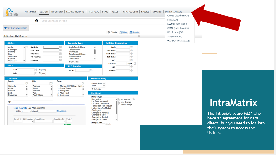 Screenshot of where to find OTHER MARKETS option from MLSListings Pro Dashboard